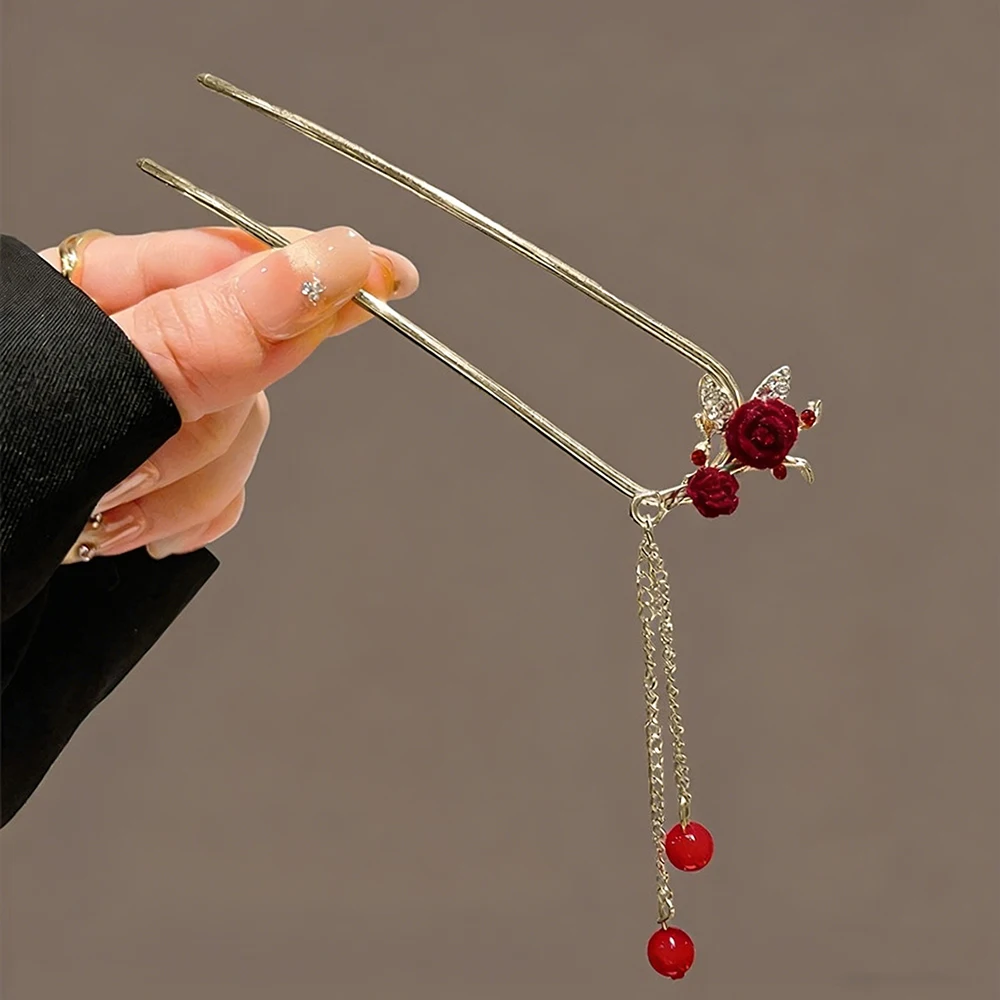 Elegant Red Velvet Tassel Hair Pin with Rhinestone & Bead Detail Butterfly/Rose Design Retro Hanfu Style Women's Hair Accessory