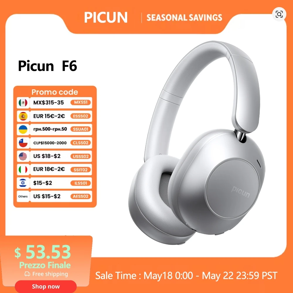 

Picun F6 Active Noise Cancelling Bluetooth Headset Hi-Res ANC Head Tracking 3D Audio Wireless Headphones APP Control Low Latency