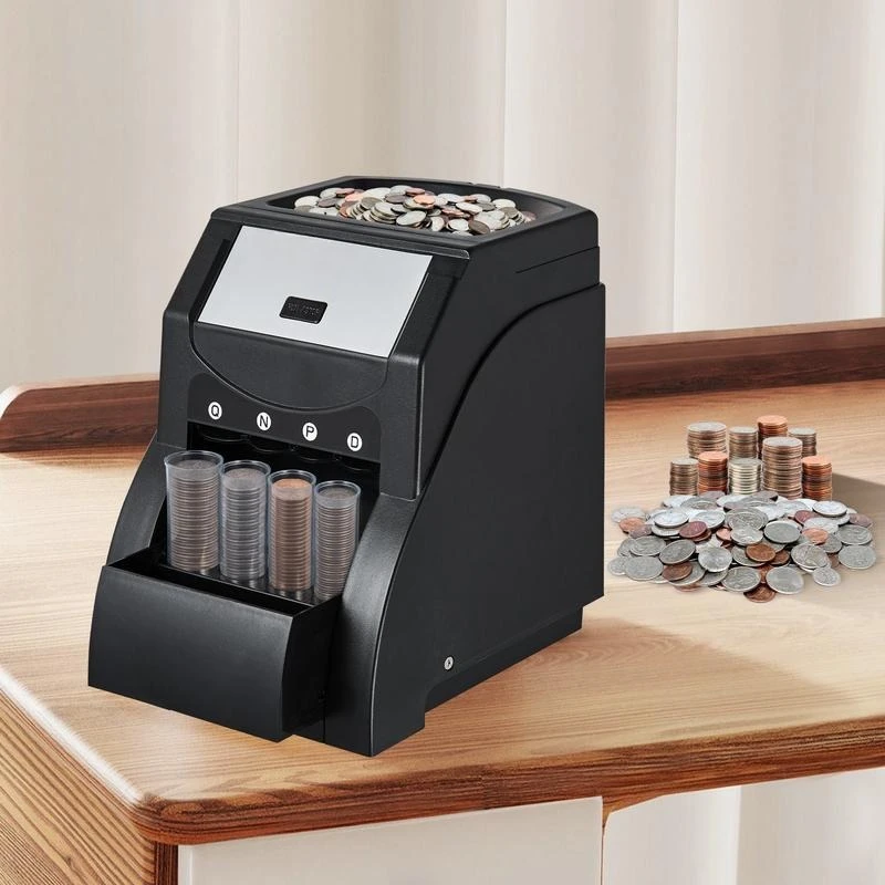 

USD Coin Sorter, Coin Sorter Machine for USD Coin 1￠ 5￠ 10￠ 25￠, Sorts up to 230 Coins/min, Coin Sorter and Wrapper Machine Holds 200 Coins Included 4 Coin Tubes, Black