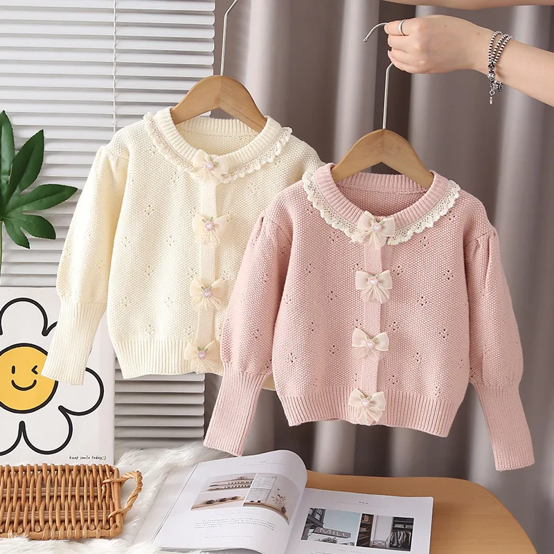 

Girls sweater 2025 autumn new solid color hollow cute bow knitted girls jacket