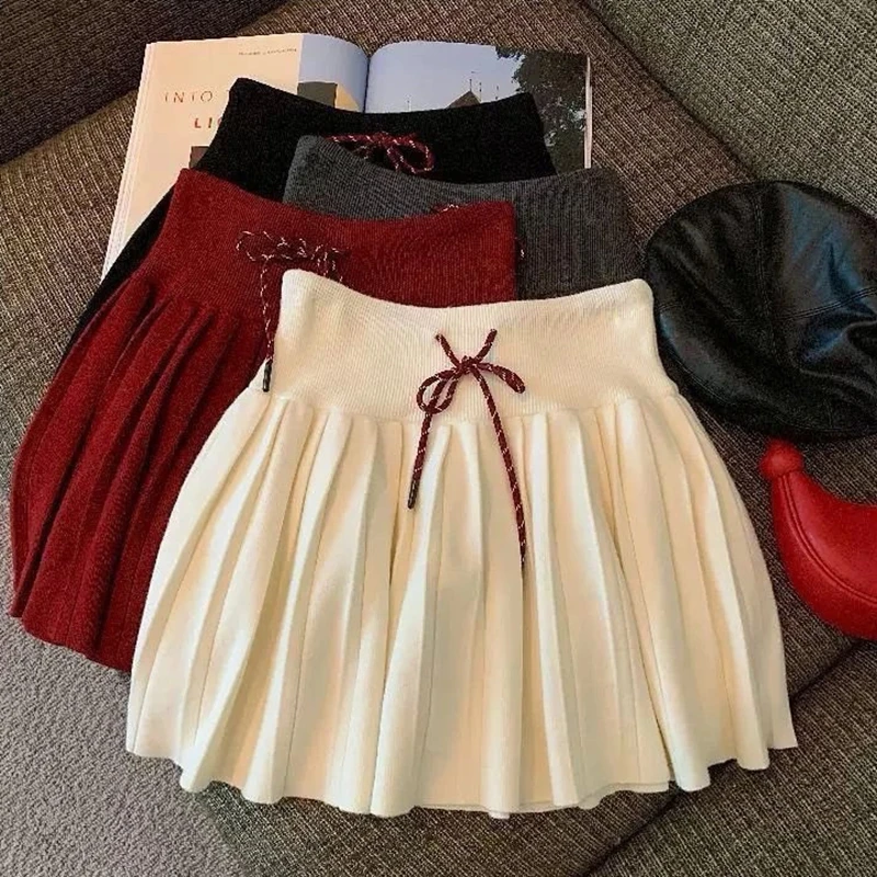 Vintage Knitted Mini Skirt Women Winter Sweet Solid High Waist Lace Up Casual Skirts Korean Simple Retro Pleated Ball Gown Skirt