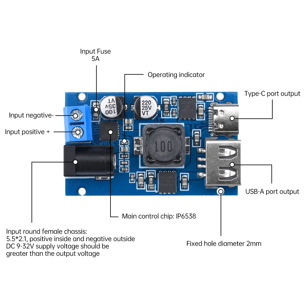 ตัวแปลงบั๊กแหล่งจ่ายไฟแบบสเต็ปดาลง8.2V-32V ไป3V-20V รองรับ USB Type-C เอาต์พุต USB-A โมดูลปรับพลังงานได้