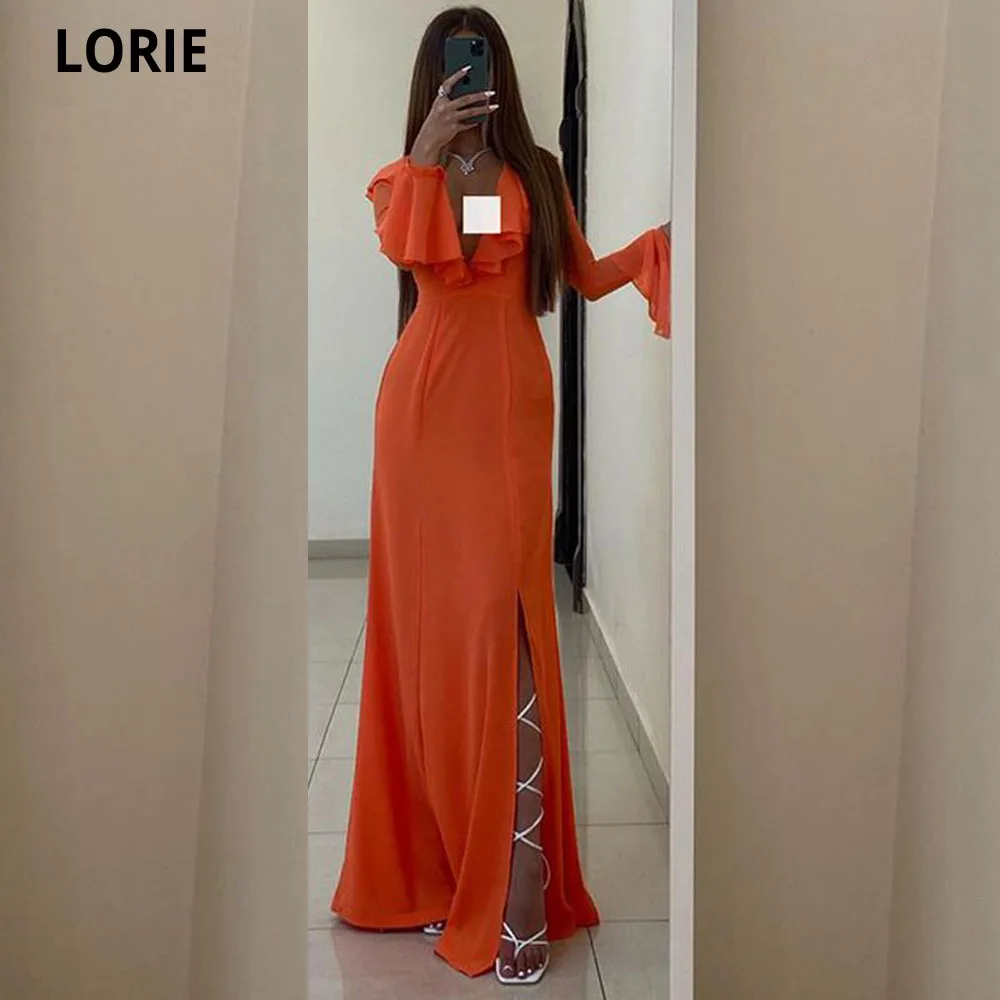 

LORIE Orange Chiffon Mermaid Evening Dresses Saudi Arabia Ruffles Neck Side Split Party Dress Women Prom Gowns Abiti Da Sera