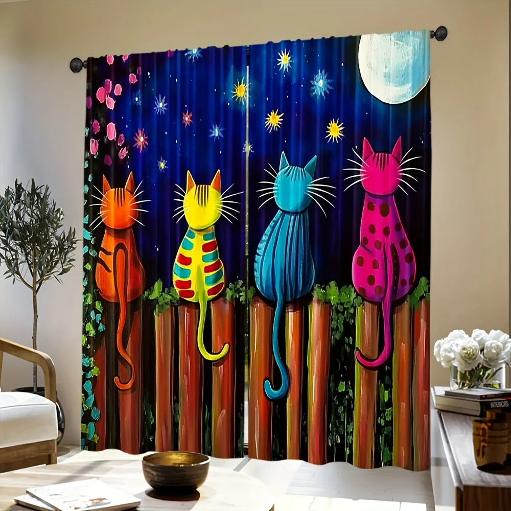 Colorful Cat Curtains with Starry Night Sky and Moon, Whimsical Animal Art Window Drapes for Bedroom Living Room, Unique Home