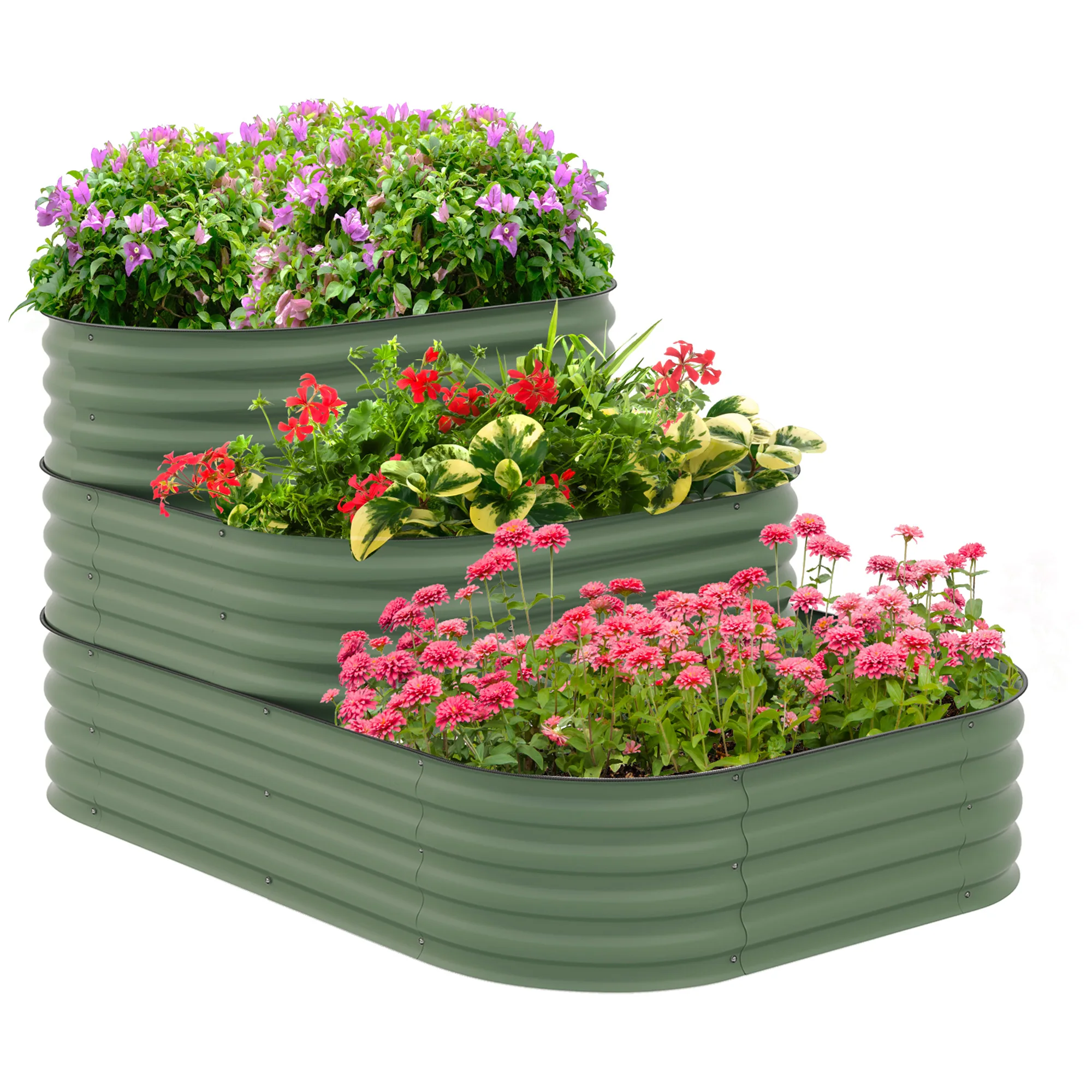 

3-Tier Galvanized Steel Raised Garden Bed Kit, 62.25" x 43" x 32.25", 3 Combining Planter Boxes with Rubber Strip Edging, Green