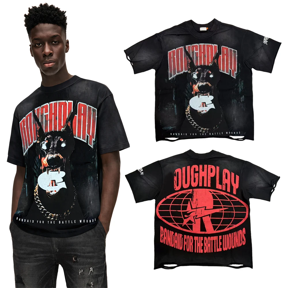 Summer Vintage Streetwear Y2k Dog Art Graphic T Shirts with Rhinestones Cotton Distressed Ripped Street Style Short Sleeves Tees