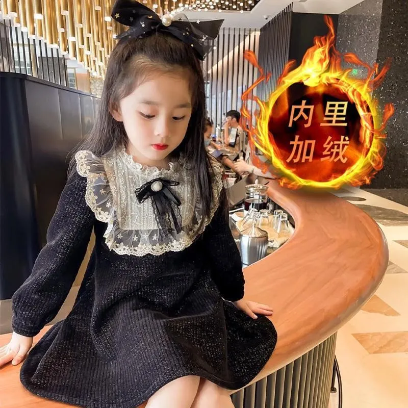 

Children's Fashionable Dress Girls' Bowknot Skirt Children's Autumn and Winter Fleece Princess Dress Velvet Winter Dress