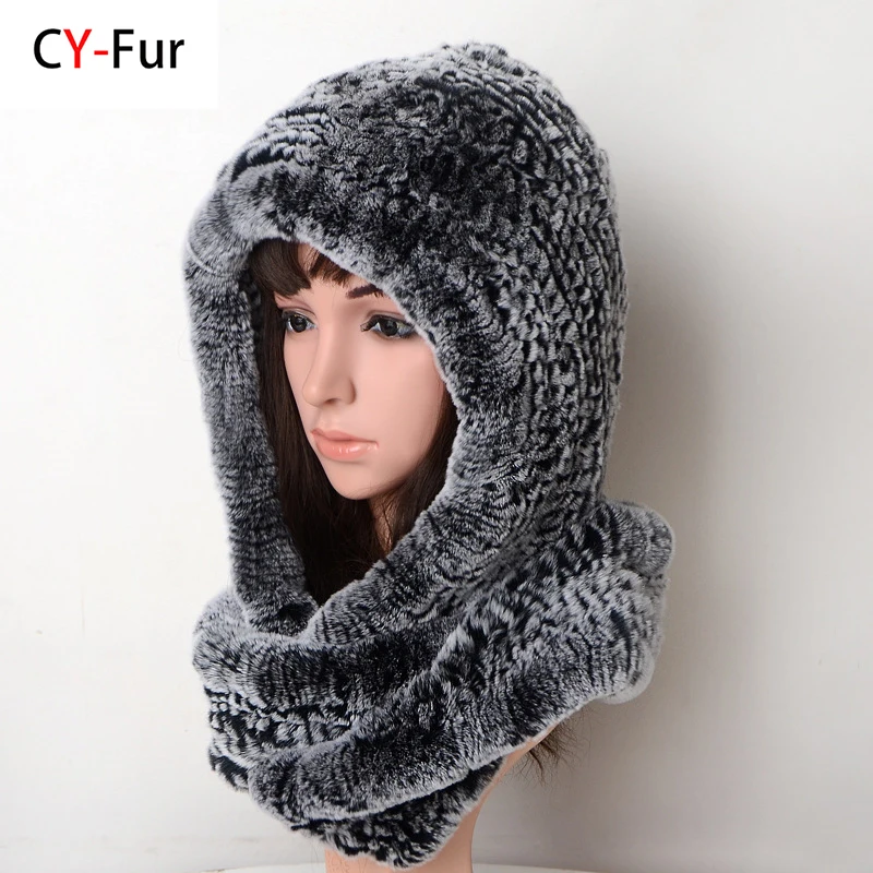 Women Knitted Real Rex Rabbit Fur Hat Hooded Scarf Winter Hats for Woman Fall Cap Warm Natural Fur Hat with Neck Scarves Bonnets