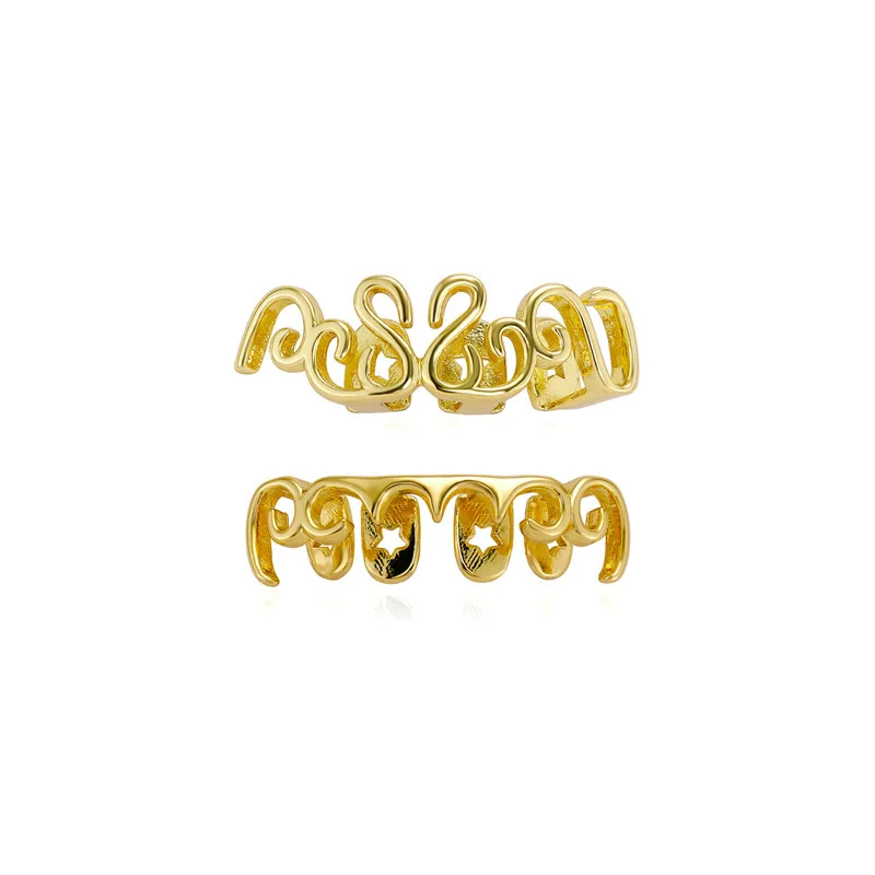 Gold Plated Vintage Grillz Top Bottom Set Hollow Out Swirl Star Halloween Hip Hop Rapper Teeth Grills Wholesale Jewelry