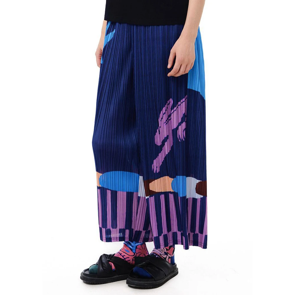 Pleated summer new FUN series elastic waist pocket fun printing casual straight-leg pants women trousers