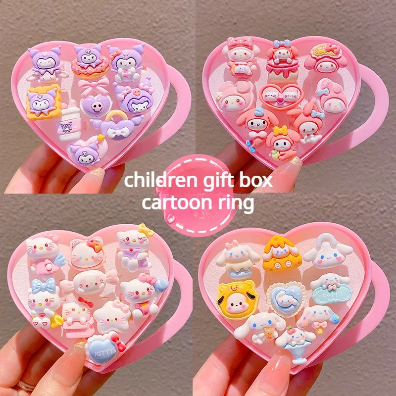 9pcs Cute Sanrio Kitty Children's Ring Gift Box Little Girl Cartoon Kuromi Small Ring Children's Jewelry Gift Baby Cute Ring Set