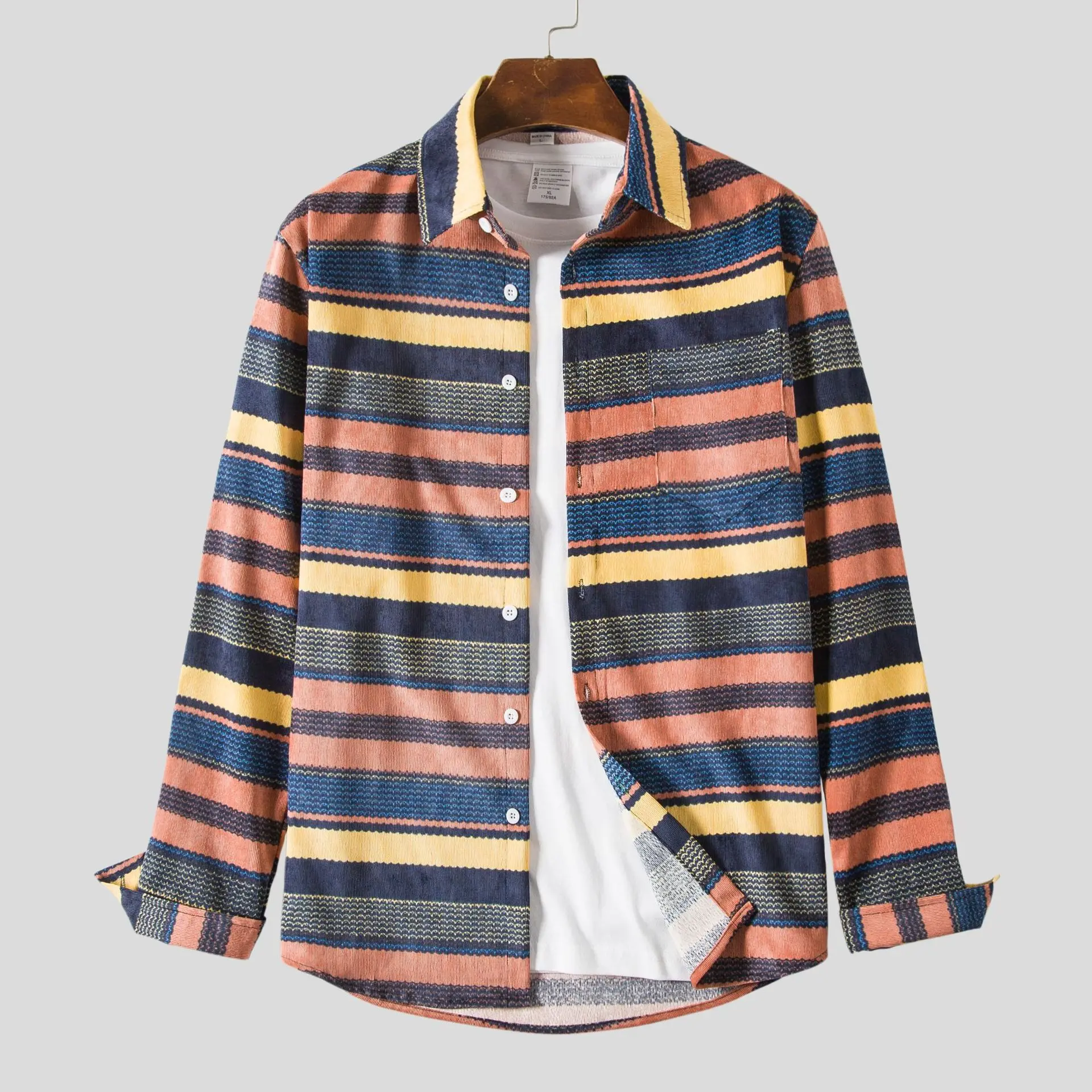 

Новинка 2022, мужская повседневная длинная ткань с лацканами Faion Long Sve irt Allmatch в полоску, облегающая молодежная полиэфирная ткань