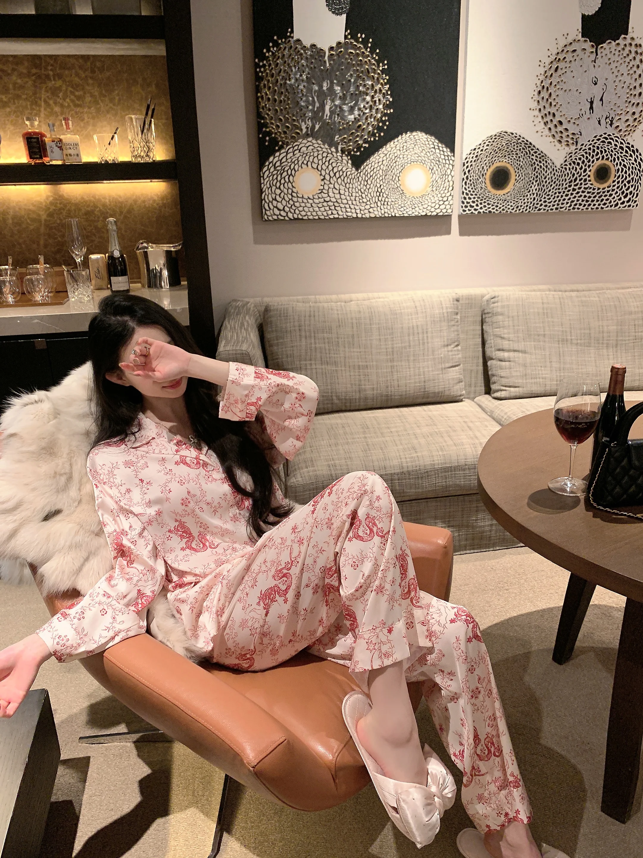 Chinese Style New Year's Red Ice Silk High-end Long-sleeved Pajamas Set Comfortable Casual Elegant Lady Loungewear 2025 Spring