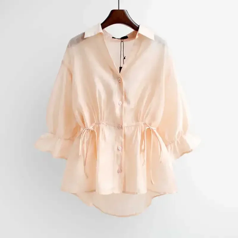 Blouse Women V-neck Skirt Summer Chiffon Loose Lotus Leaf Top Doll Shirt Blusas Mujer De Moda