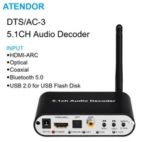 DTS AC-3 5.1CH Audio Decoder Digital to Analog Converter HDMI-Compatible ARC/Spdif/Coaxial/Bluetooth 5.0/USB Flash Input 2.0/5.1