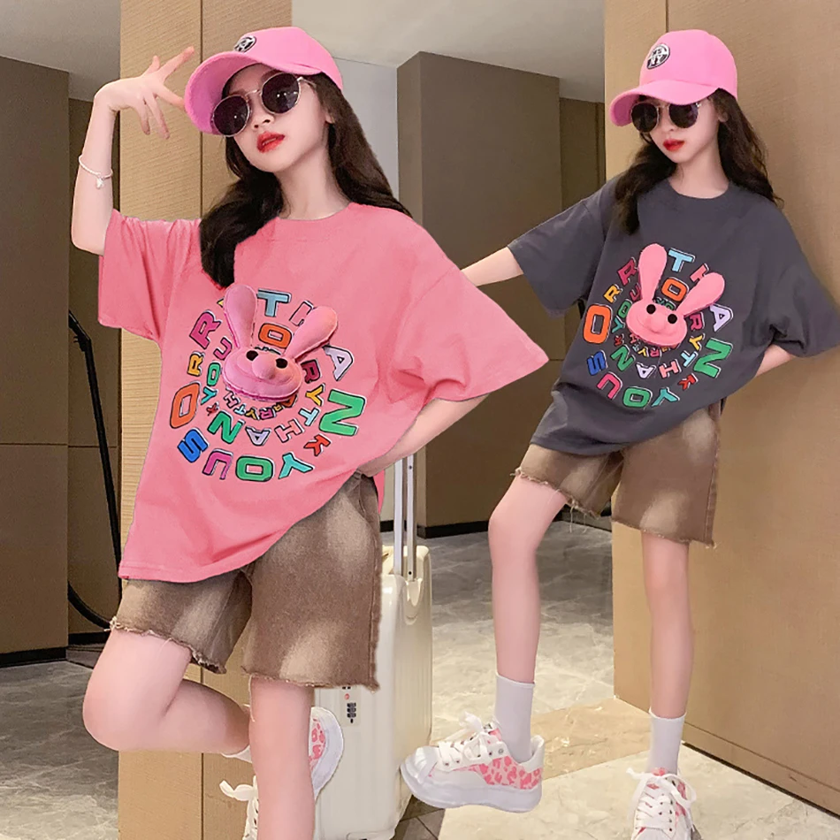 Stylish Kids Summer Wear Everyday Versatile Casual Short Sleeve T-Shirt 3D Cartoon Rabbit Active Girls Soft Durable T-Shirts