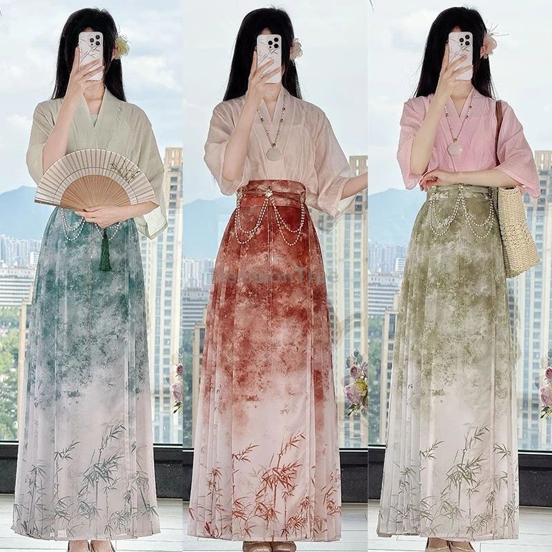 

2025 exquisite graceful temperament chinese ming hanfu dainty fairy printing retro horse face skirt set literature art hanfu set