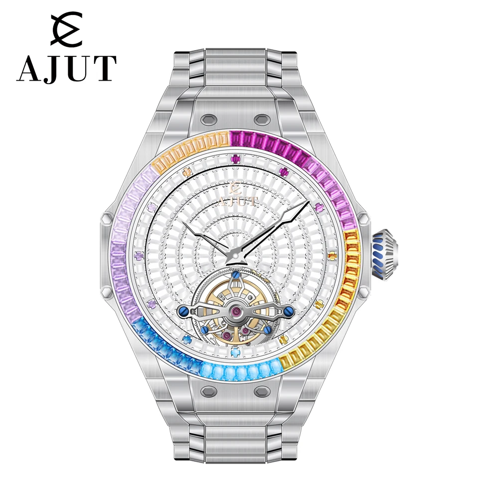 AJUT automatique Tourbillon mouvement montres pour homme saphir volant mécanique avec diamants carrés ciel étoilé montre pour hommes 0382