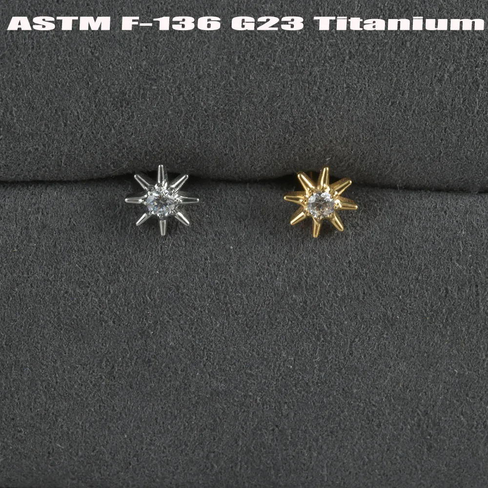 1/2/6PCS Solid Titanium Zircon Flat Back Earring Cartilage Star Sun Earrings Stud 16G Lobe Helix Tragus Golden Piercing Jewelry view 3