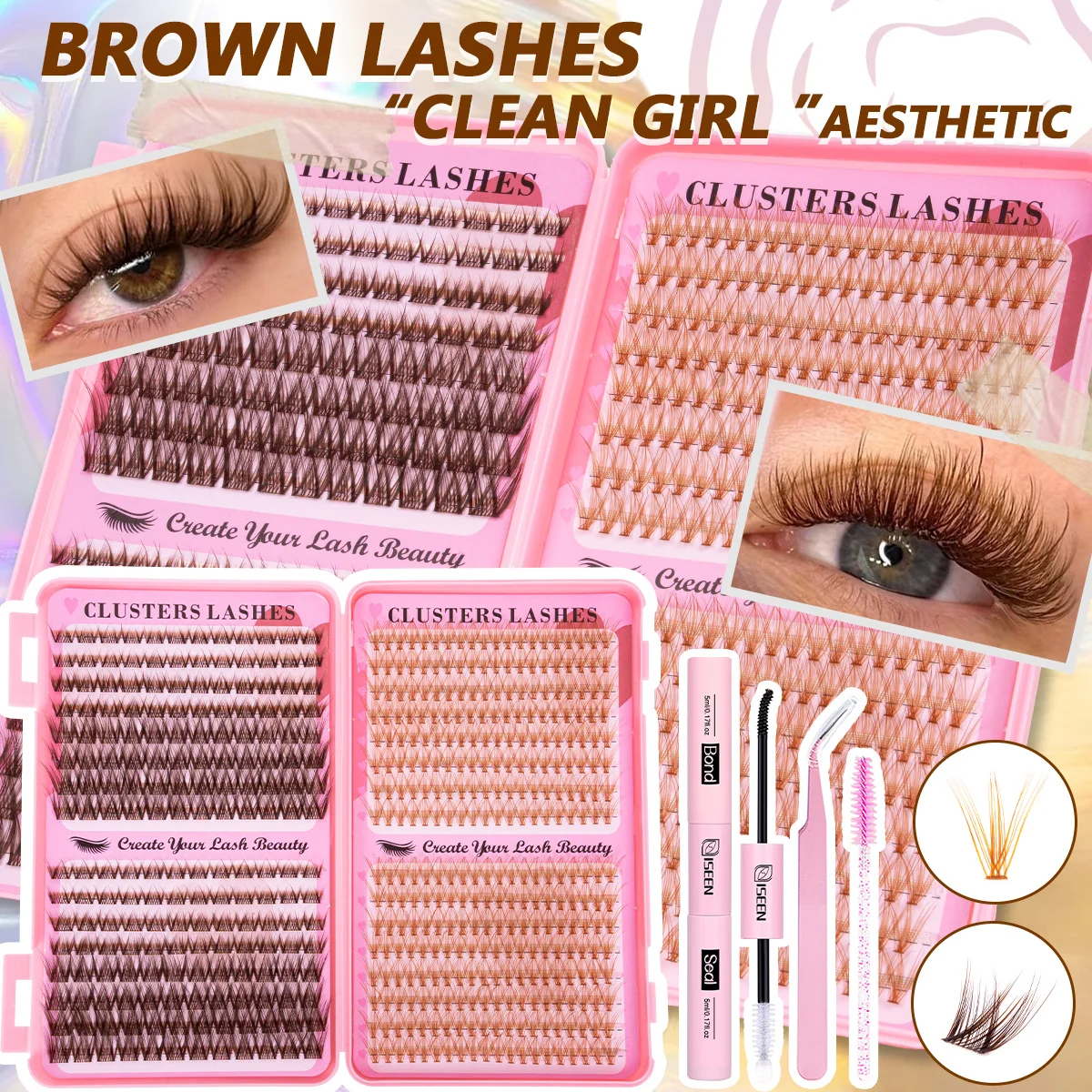Braune Wimpern DIY Einzelwimpernverlängerung Volumen-Wimpernbündel Clean Girl Styles Dünne Band-Wimpernbündel Natürlicher Look – Detail 1