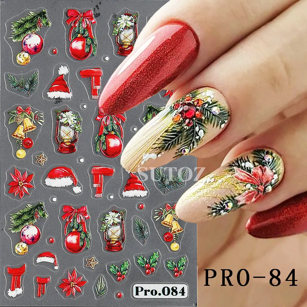 Pegatinas de uñas 3D de hombre de jengibre, sombrero de Papá Noel, copo de nieve, ciervo, calcomanías autoadhesivas, envolturas de manicura de dibujos animados, NTPRO-80