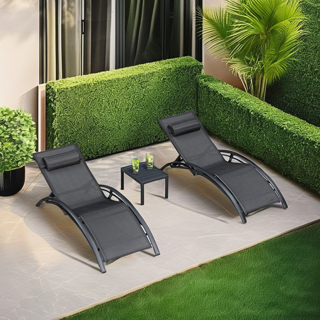 

3pcs Outdoor Aluminum Frame Lounge Set Powder Coated Recliner Sunbeds With Arm And Side Table For Garden And Hotel Use