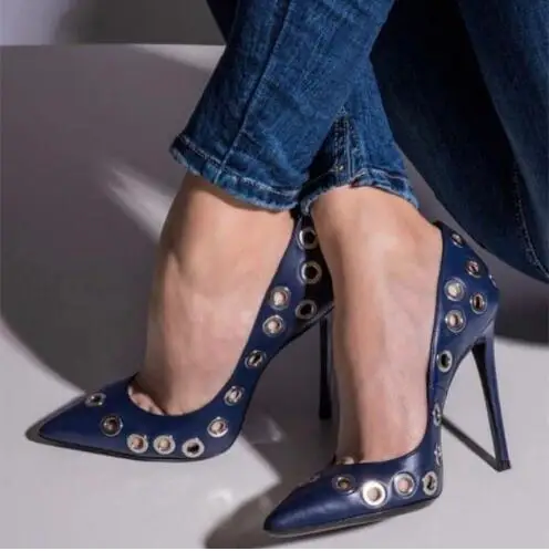 Hot Women Sliver Dark Blue Matte Leather Metal Ring Small Holes Shallow Pumps Slip On Thin Heels Party Dress Shoes Drop Shipping