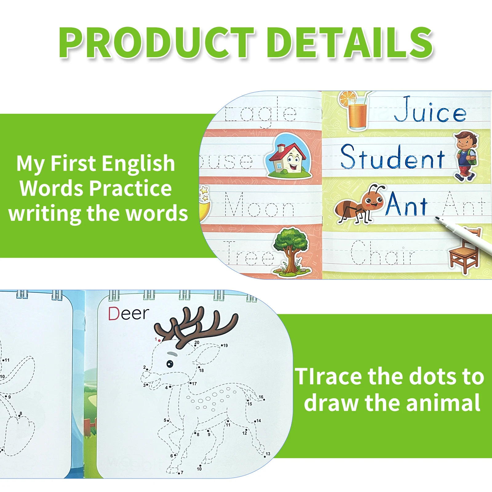 Children's English Word Book, Ages 3-6, Word Tracing & Animal Connections, Erasable Pen, Reusable, Early Learning Gift