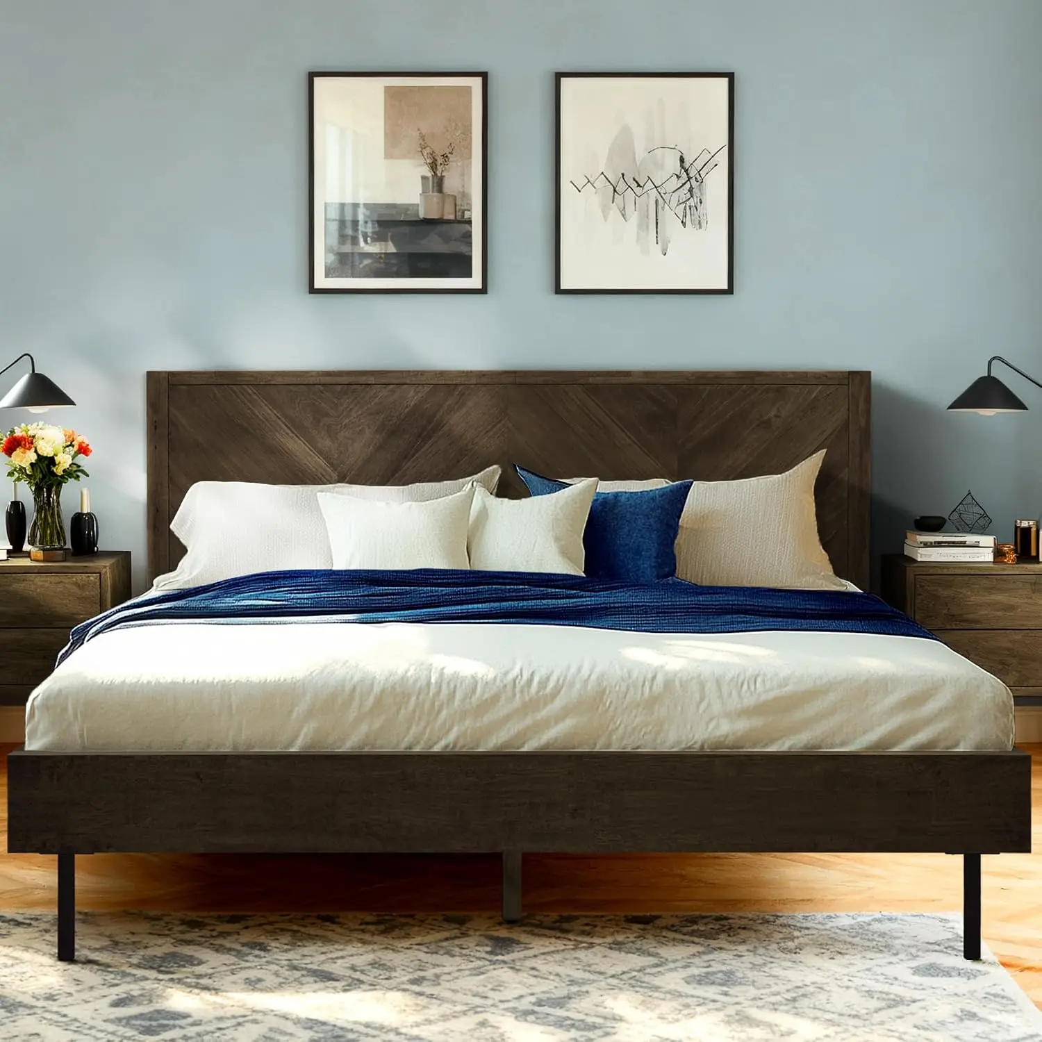 Acacia Alander Solid Wood Bed Frame with Chevron Headboard, King, Mocha, Customized
