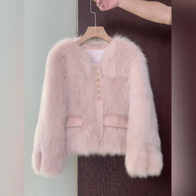 Autumn Winter Short Faux Fur Ladies Coat Round Neck Long Sleeves Fur Female Jacket New Thickening Plush Women Outwear wh120