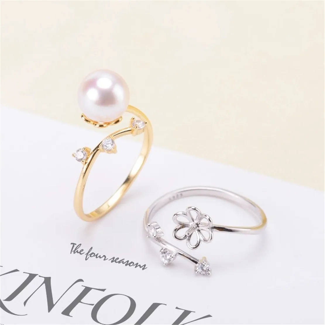 

S925 Silver Sterling Ring Inlaid Zirconia Half Hole Pearl Ring Base Resizable Design DIY Handmade Fine Jewelry Ring Accessories