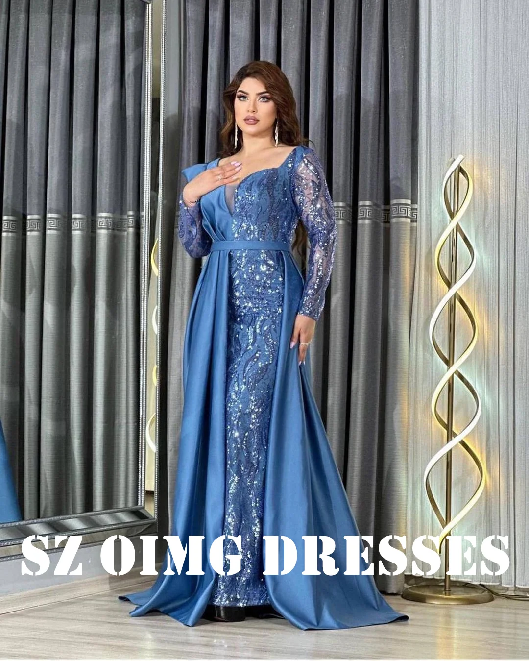 OIMG New Design V-Neck Sequined Mermaid Prom Dresses Saudi Arabic Women Customized Blue Gowns Formal Party Dress Customized