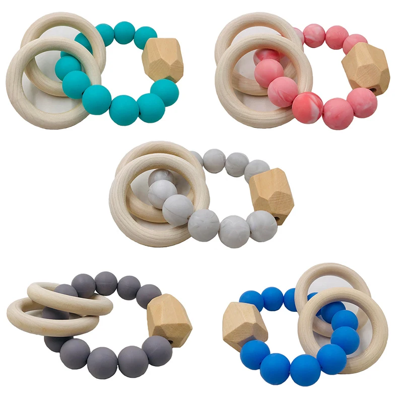 Baby Teether Bracelet Animal Chewable Wooden Teething Silicone Beads Baby Teether Rattle Toys