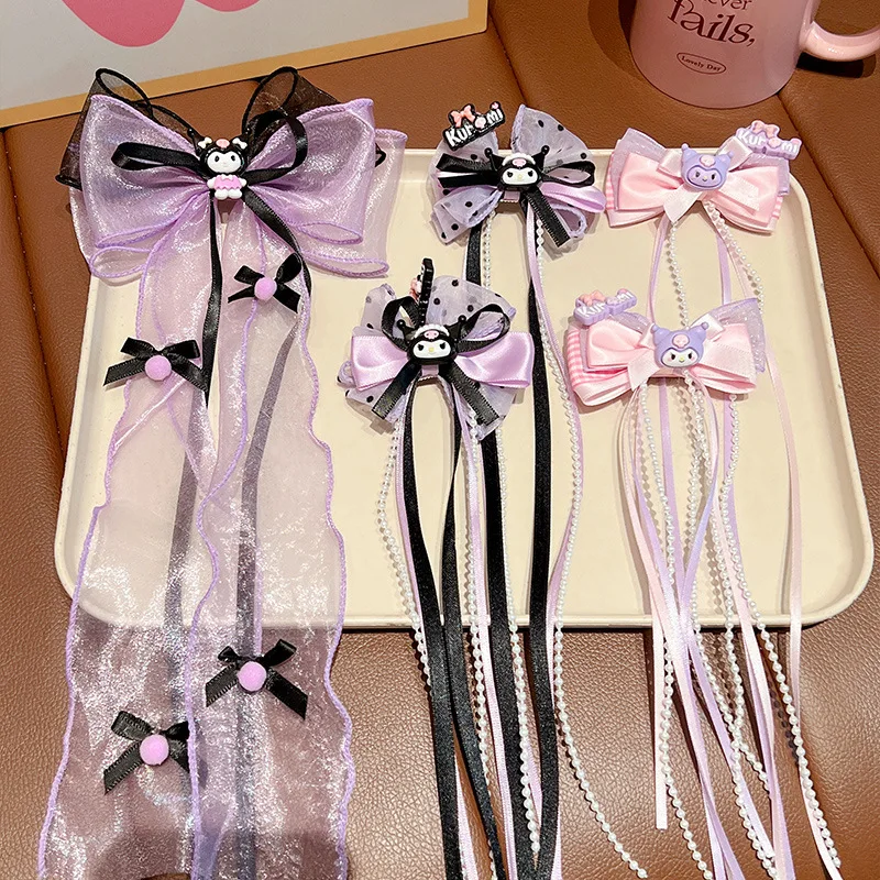 Sanrio Kuromi New Hair Clip Set Cute Cartoon Acrylic Hair Accessories Kawaii Bowknot Silk Ribbon Bangs Hairpin Fashion Girl Gift