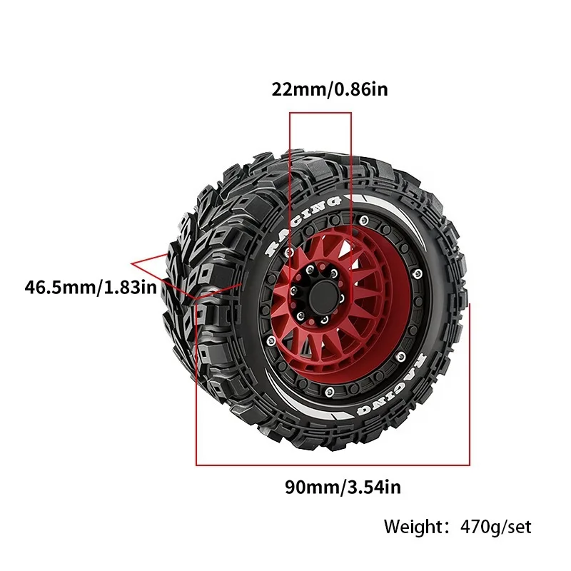 4pcs 90mm Rubber Tires Wheels for MJX 16207/16208 HBX 16889 SCY 16101/16102 Traxxas 1/16 Summit E-Revo ARRMA Mini Kraton