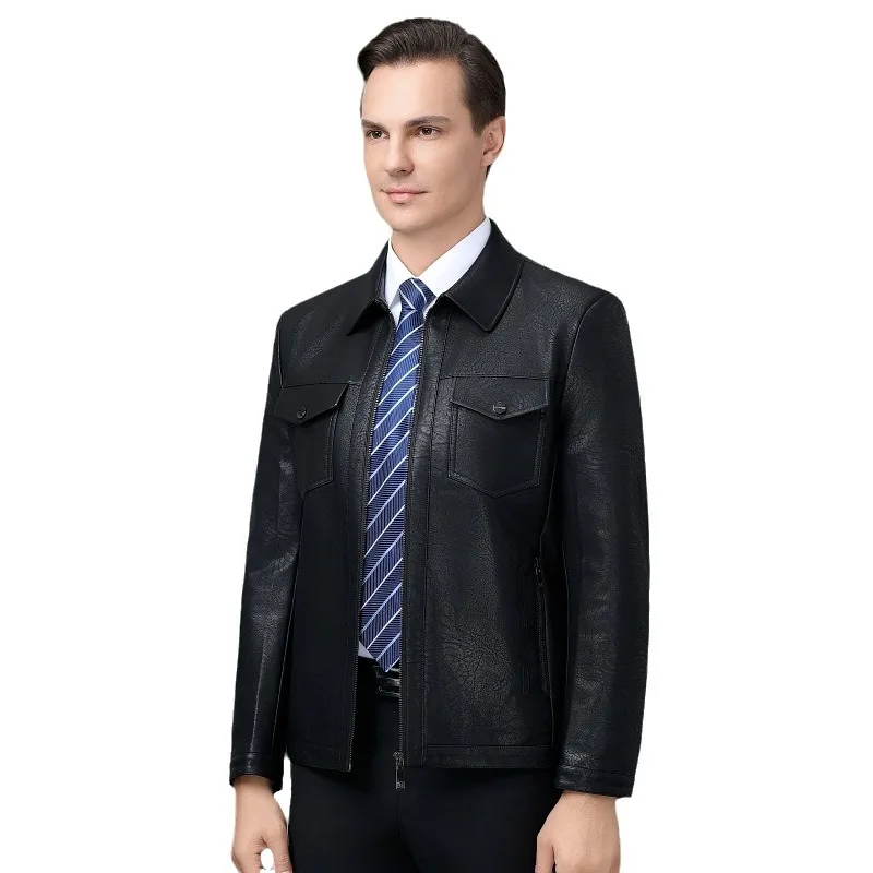 سترة جلدية للرجال خريف وشتاء جديد للشباب كاجوال بسحاب وطية صدر السترة بلون سادة معطف سميك سترة جلدية للرجال عصرية