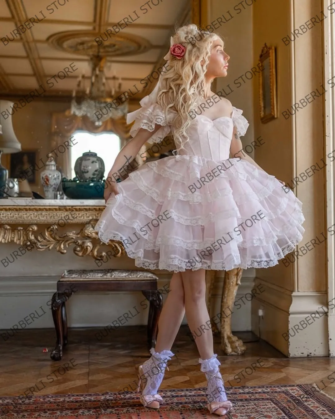 Abito da ballo vintage con volant rosa baby Abito da festa di compleanno per ragazze in maglia a strati di pizzo grazioso Abiti estivi da donna gonfi con spalle scoperte