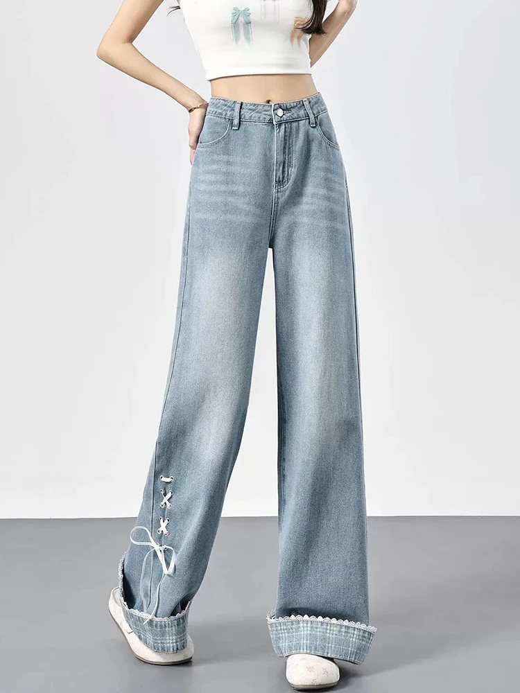 Sweet Lace Up Jeans Women Loose Fashion Lace Patchwork Cute Denim Pants Fall High Waist Casual Preppy Style Wide Leg Trousers