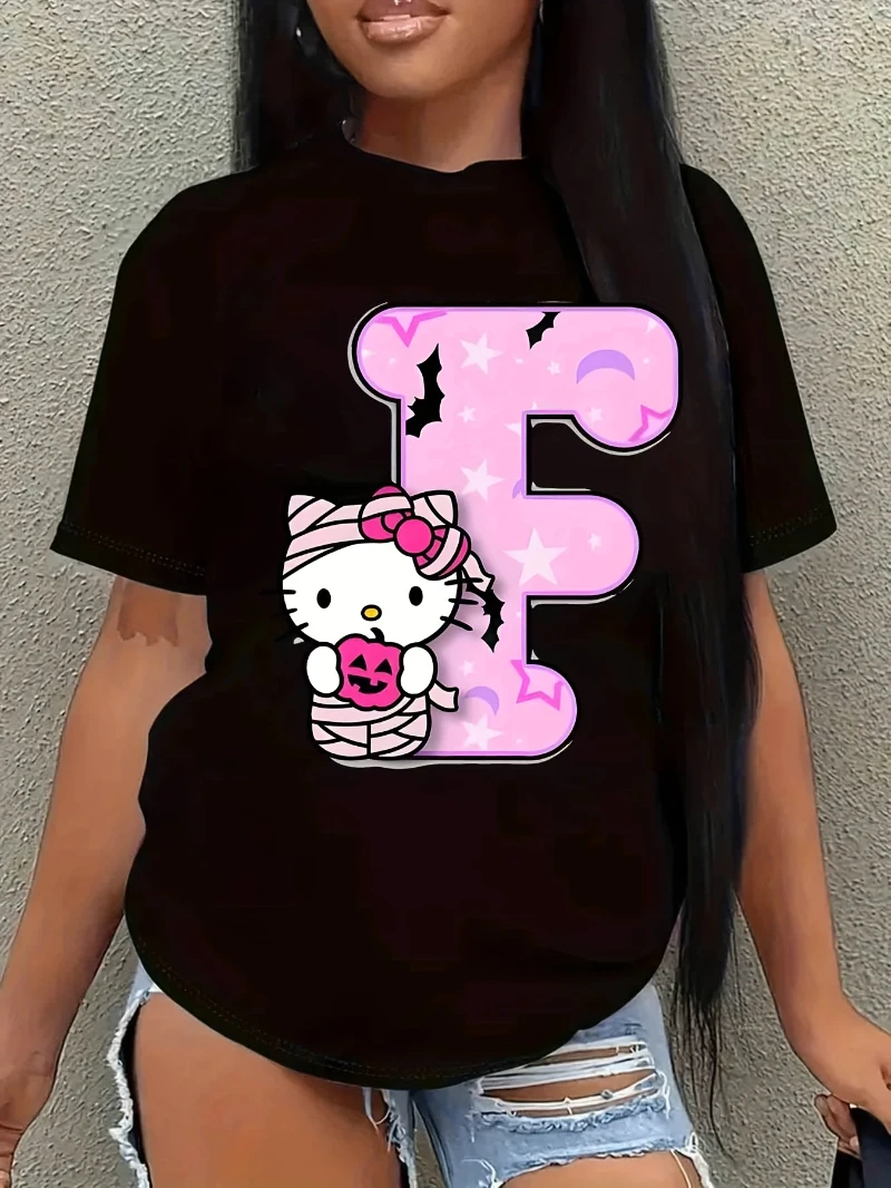 2025 Summer Hello Kitty Sanrio Halloween Letter F Graphic T Shirt Cute High-end Luxury Is for Both Men and Women Top Y2k
