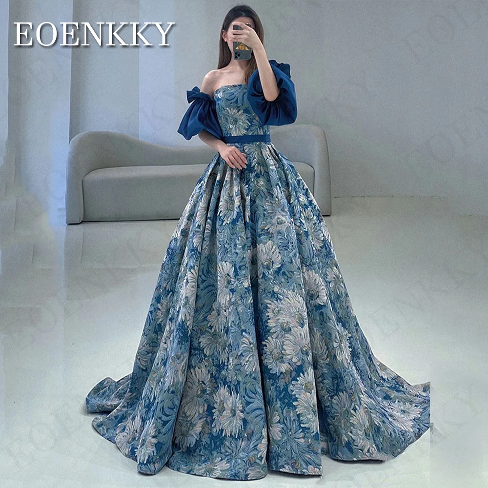 Luxe blauwe print Koreaanse Prom Dresses Removable Puff Sleeves Strapless A Line Evening Gowns Formal Occasion Floor Length