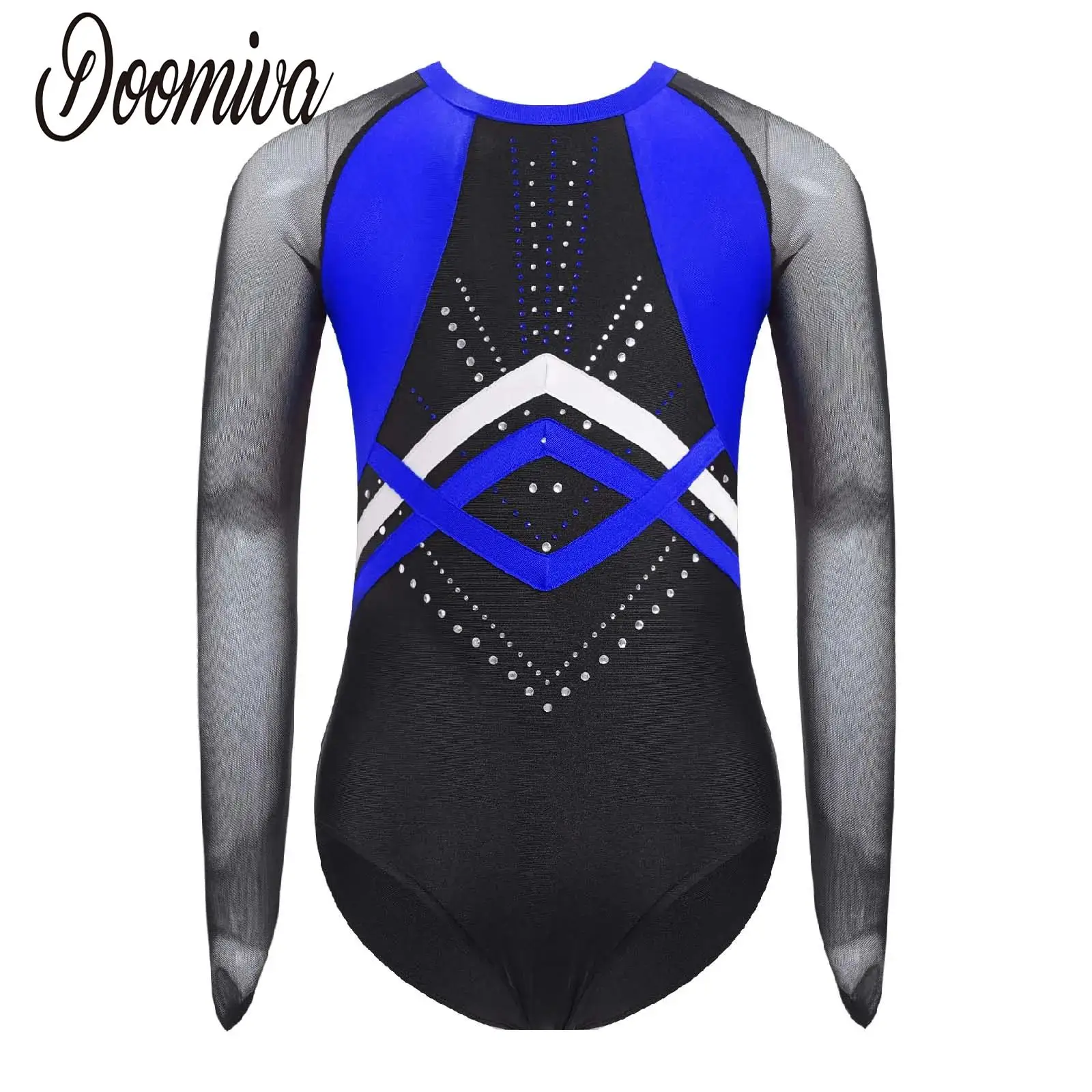 

Kids Girls Skating Gymnastics Leotards Workout Ballet Dancewear Sheer Mesh Long Sleeve Patchwork Rhinestones Leotard Bodysuit