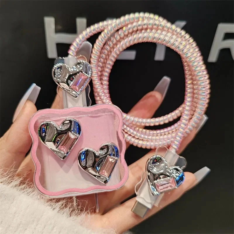 Korea Pink Cute Diamond Love Heart Charger Cover For IPhone 11 12 13 14 15 18W-20W Charge Protection Cover Clear Charger Sleeve