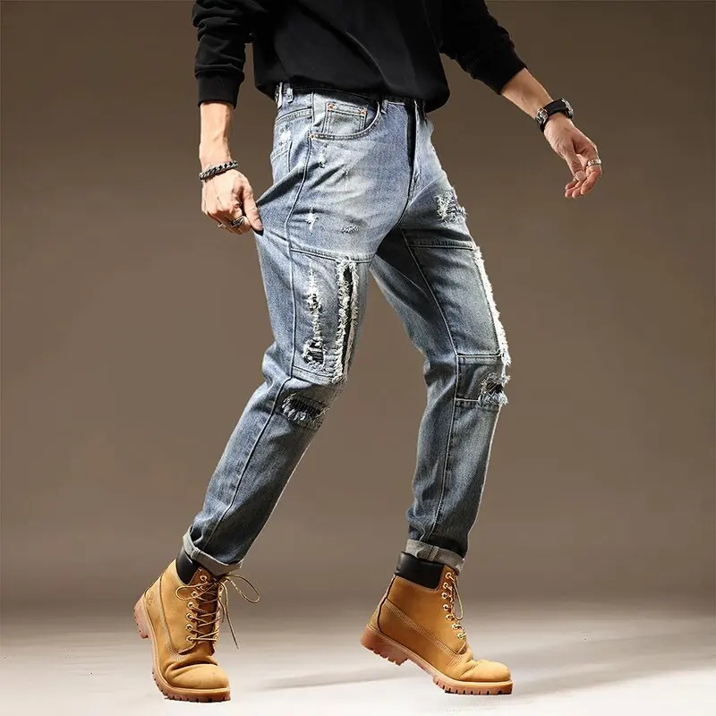 2024 Spring and Autumn New Fashion Trend Straight Leg Ripped Jeans Men's Casual Relaxed Comfortable Breathable Elastic Pants