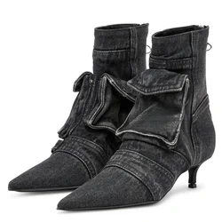 Para Mujer Women Shoes Washed Denim Pocket Boots Fashionable Pointed Thin Low Heel Rear Zipper Short Boots Botas De Invierno