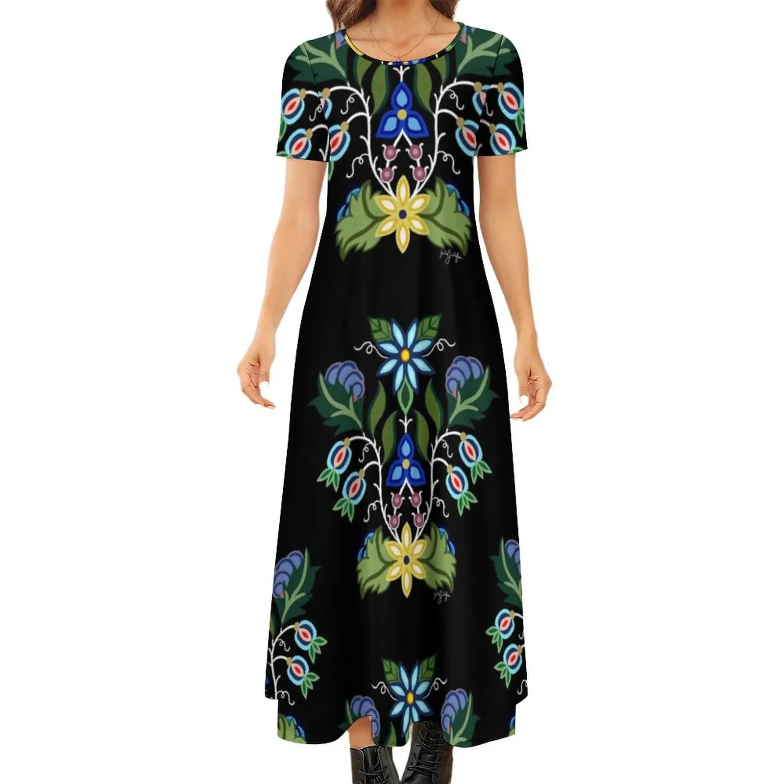 

Ojibwe Floral Round Neck Short Sleeve Dress summer outfits for women 2024 dresses with long sleeves