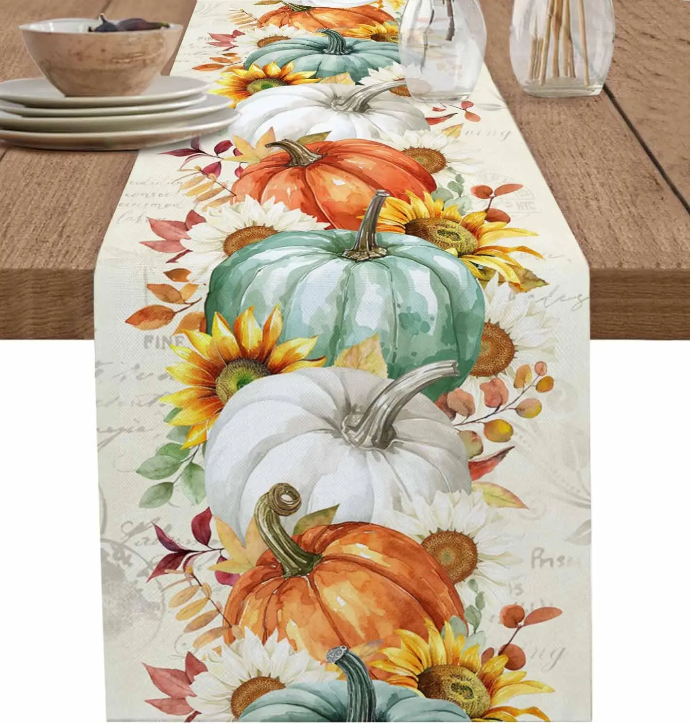 

Fall Harvest Pumpkins Linen Table Runner Holiday Party Decor Reusable Farmhouse Kitchen Table Runner Thanksgiving Decoraitons