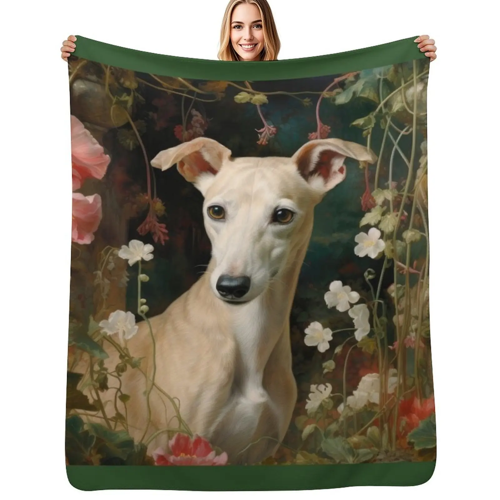 

Whippet dog in old romantic garden, dog portrait Throw Blanket Cute Travel Weighted Thermal Blankets
