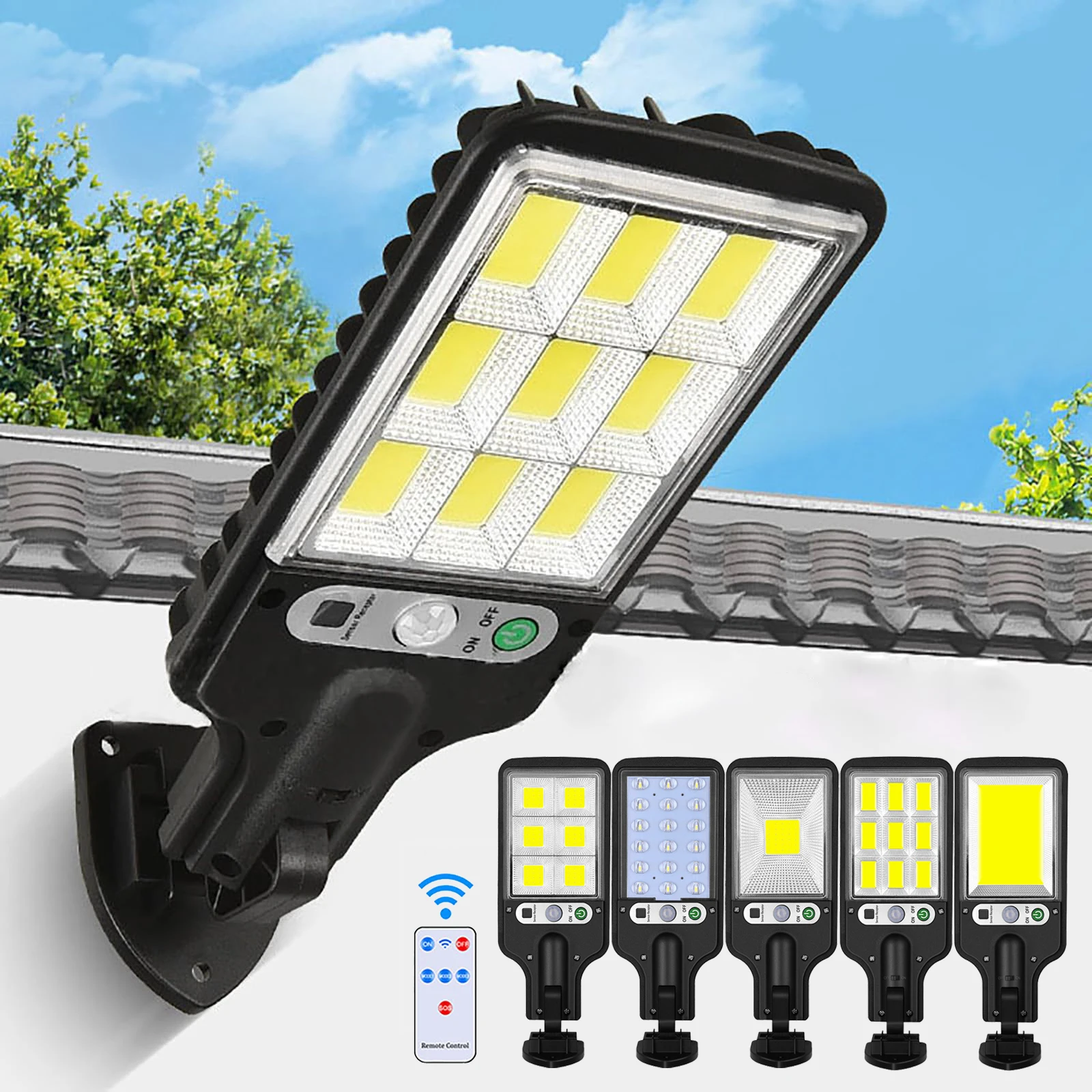 

Solar Powered Street Lamp with Motion Sensor Remote Control COB LED Security Lights Outdoor Waterproof for Garden Patio Garage