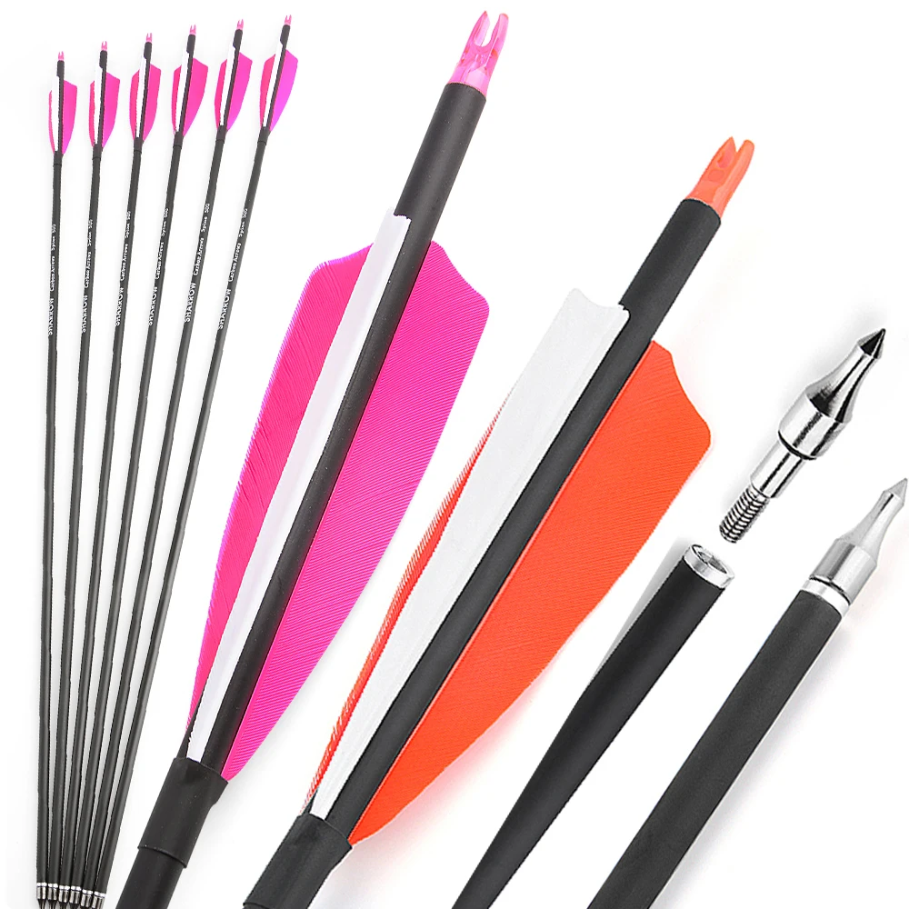 

12 шт., 31,6 дюйма, карбоновые стрелы, перья индейки, позвоночник 500 ID6,2 мм, наружный диаметр 7,8 мм, складный лук и стрелы для стрельбы из лука на открытом воздухе, охота, стрельба