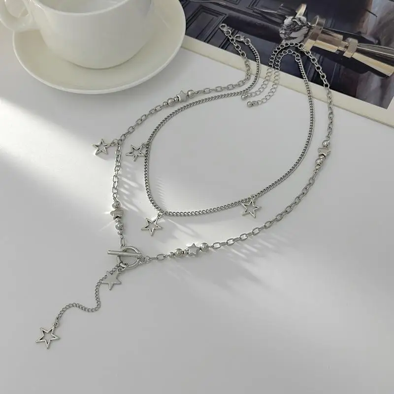 Punk-Rock Silberfarbene Vortex-Stern-Anhänger-Kette Mehrlagige Halskette für Frauen Männer Charms Y2k Grunge Accessoires Schmuck – Detail 17